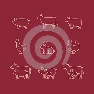 Farm animal outline icon set. Pig, cow, lamb, chicken, turkey, r