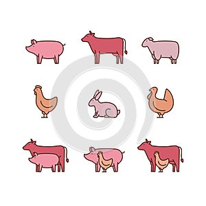 Farm animal outline icon set. Pig, cow, lamb, chicken, turkey, r