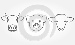 Farm animal outline icons set. Cow, pig and sheep head or face symbols isolated on white background. Vector illustration.