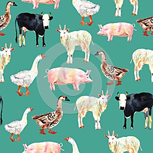 Farm animal seamless pattern drawing in watercolor. Cow, duck, g
