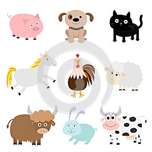 Farm animal set. Cock, pig, dog, cat, cow, rabbit, ship horse, rooster