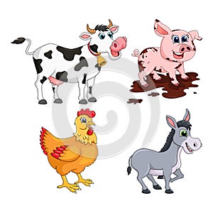 Farm animal set. Cow, pig,  donkey, hen  design isolated on white background. Cute cartoon animals collection Vector illustration