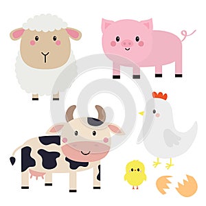 Farm animal set. Cow, sheep, pig, hen chicken, egg icon. Cute round face head. Cartoon kawaii funny baby character. Nursery