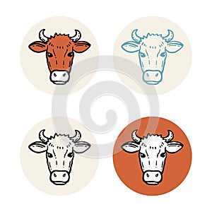 Farm animal. Set of cows. Hand drawn sketch. Vintage style. Vector illustration. Cow head. Silhouette for design