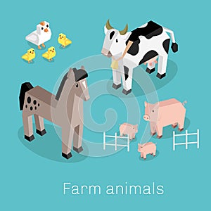 Farm Animal Set Isometric 3d Design