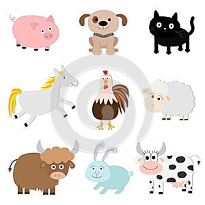 Farm animal set. Pig, cat, cow, dog, rabbit, ship horse, rooster