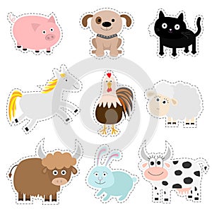 Farm animal set. Pig, dog, cat, cow, rabbit, ship horse, rooster, bull Baby collection. Flat design style. Isolated. White