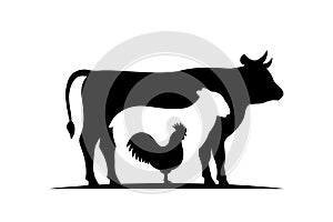 Farm animal silhouettes. Cow, Sheep, Rooster black silhouettes. Vector illustration. Farm animals character set