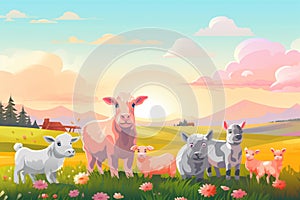 Farm Animal Welfare Healthy And Happy Animals In Open Fields Generative Ai photo