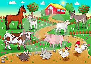 Farm animals with background.