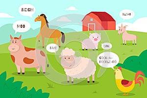 Farm animals background. Cartoon funny domestic animals on meadow with speech bubbles and sounds, farmyard inhabitants