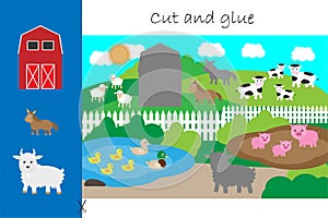 Farm animals and barn cartoon, education game for the development of preschool children, use scissors and glue to create