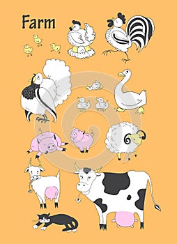Farm animals big set. Chicken , rooster , turkey, duck, goose , pig, sheep , goat, cow, cat. Vector illustration