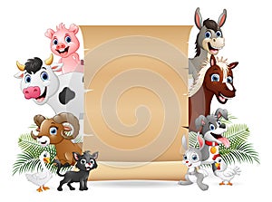 Farm animals with a blank sign paper roll