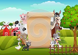 Farm animals with a blank sign roll up