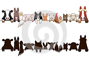 Farm animals border set with silhouette