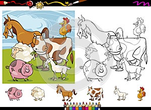 Farm animals cartoon coloring page set