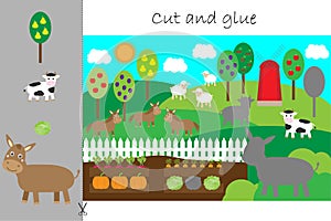 Farm animals cartoon, education game for the development of preschool children, use scissors and glue to create the