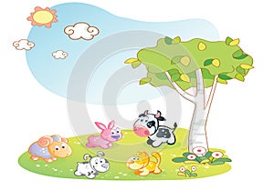 Farm animals cartoon with garden background