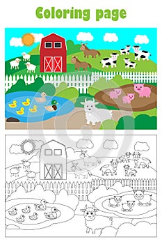 Farm with animals, cartoon style, coloring page, education paper game for the development of children, kids preschool