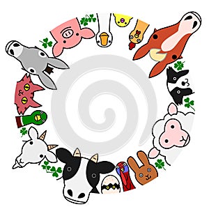 Farm animals in circle with copy space