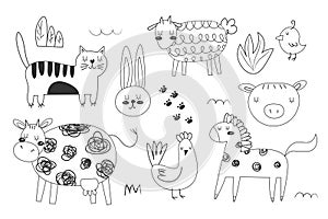 farm animals continuous line silhouettes isolated on white. Livestock and poultry icons for farms, groceries, butchery