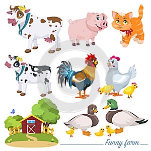 Farm animals. A cow, a duck and a drake with ducklings, a hen and a rooster with chickens, a pig and a ginger cat
