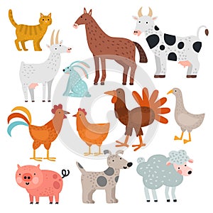 Farm animals. Cow, horse and rabbit, dog and turkey, sheep and pig, cock and chicken, goat and cat, goose vector cartoon