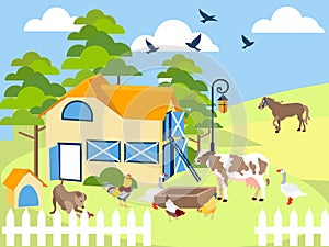 Farm animals cow, pig, bird, building, horse, agronomy. In minimalist style. Cartoon flat Vector