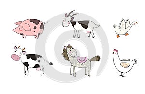 Farm animals. Cute cartoon horse, cow and goat, sheep and goose, chicken and pig.