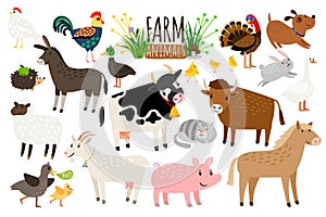 Farm animals. Domestic farm animal collection isolated on white, goose and donkey, pig and goat, cow and sheep vector