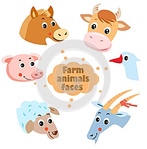 Farm Animals Faces Icons Set. Farm Animals: Hen, Goat, Goose, Horse, Cow, Pig, Sheep.