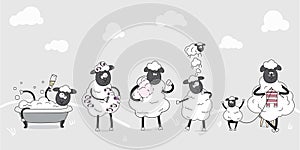 Farm animals. Family of cute sheeps. Illustration for children. Funny cartoon characters. Everyday behaviours.