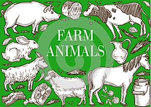 Farm animals frame poster cattle and livestock farming