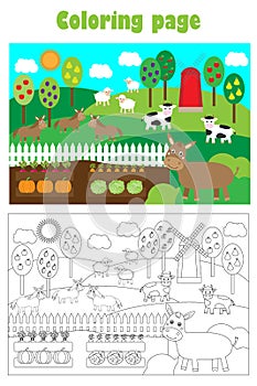 Farm animals and garden, cartoon style, coloring page, education paper game for the development of children, kids