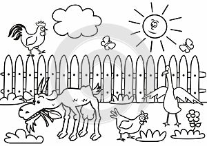 Farm animals in the garden, coloring page, drawing activity, landscape, eps.