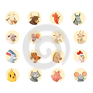 Farm Animals Heads Round Icons Collection