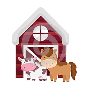 Farm animals horse cow barn cartoon isolated icon on white background