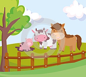 Farm animals horse cow and pig in mud fence tree grass cartoon