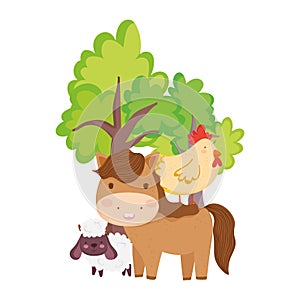 Farm animals horse sheep hen tree cartoon isolated icon on white background