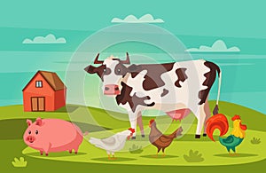 Farm animals and house. Village. Cartoon vector illustration