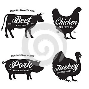 Farm animals icons set. Collection of labels with beef, chicken, pork, turkey, butcher shop, steak house