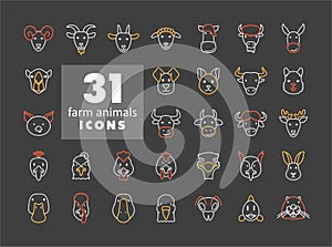 Farm animals icons set. Vector head illustration.