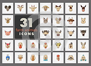 Farm animals icons set. Vector head illustration.