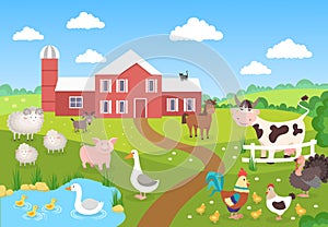 Farm animals with landscape. Horse pig duck chickens sheep. Cartoon village for children book. Farm background scene