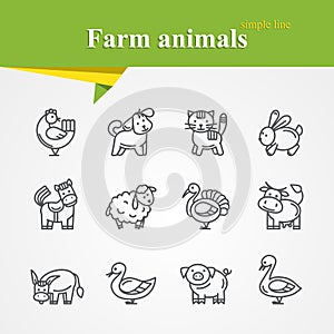 Farm animals line icoons