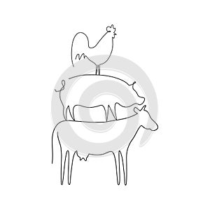 Farm animals line set vector illustration. Cow, pig and cock isolated on white