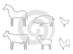Farm animals line set vector illustration. Pig, horse, goat, chicken, cow and chicken isolated on white.