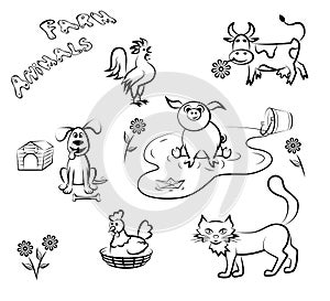 Farm animals in a linear style. Set of vector illustration.