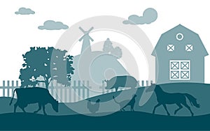 Farm animals. Livestock on the background of the village, rural settlement. Vector illustration of farm animals